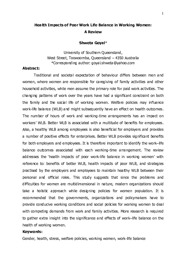 (PDF) Health Impacts of Poor Work Life Balance in Working Women: A Review