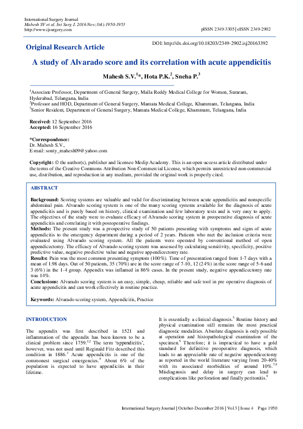(PDF) A study of Alvarado score and its correlation with acute appendicitis