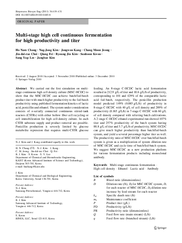 (PDF) Multi-stage high cell continuous fermentation for high ...