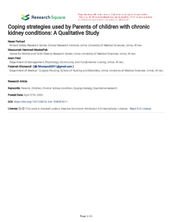 (PDF) Coping strategies used by Parents of children with chronic kidney ...