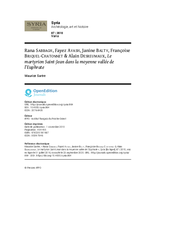 (PDF) Rana Sabbagh, Fayez Ayash, Janine Balty, Françoise Briquel ...