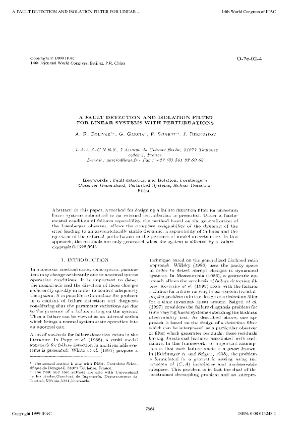 (PDF) A Fault Detection and Isolation Filter for Linear Systems with ...