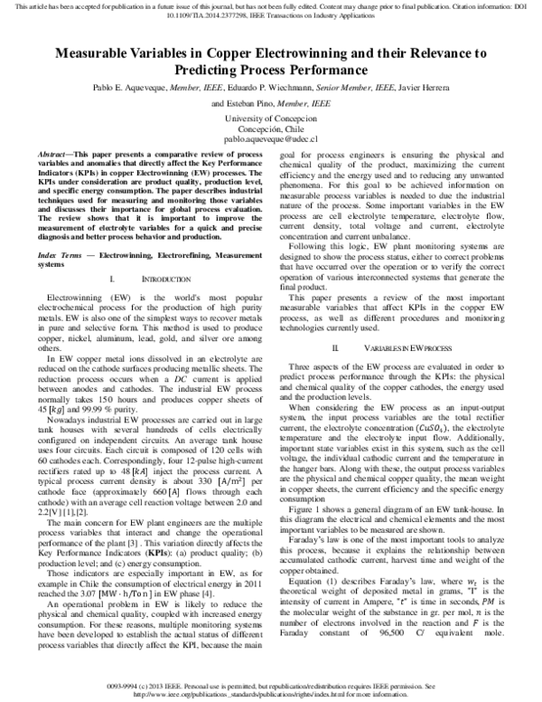 (PDF) Measurable Variables in Copper Electrowinning and Their Relevance ...