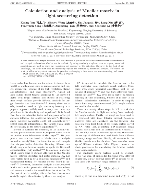 (PDF) Calculation and analysis of Mueller matrix in light scattering ...