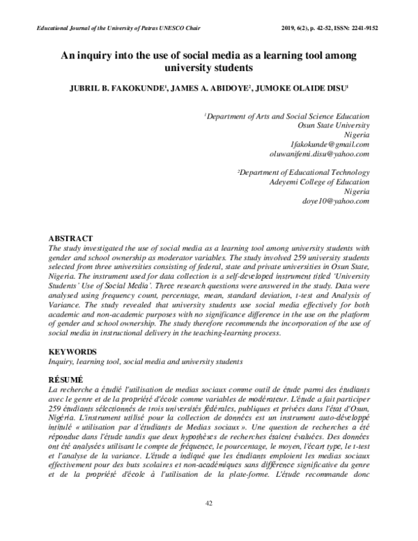 (PDF) An inquiry into the use of social media as a learning tool among ...