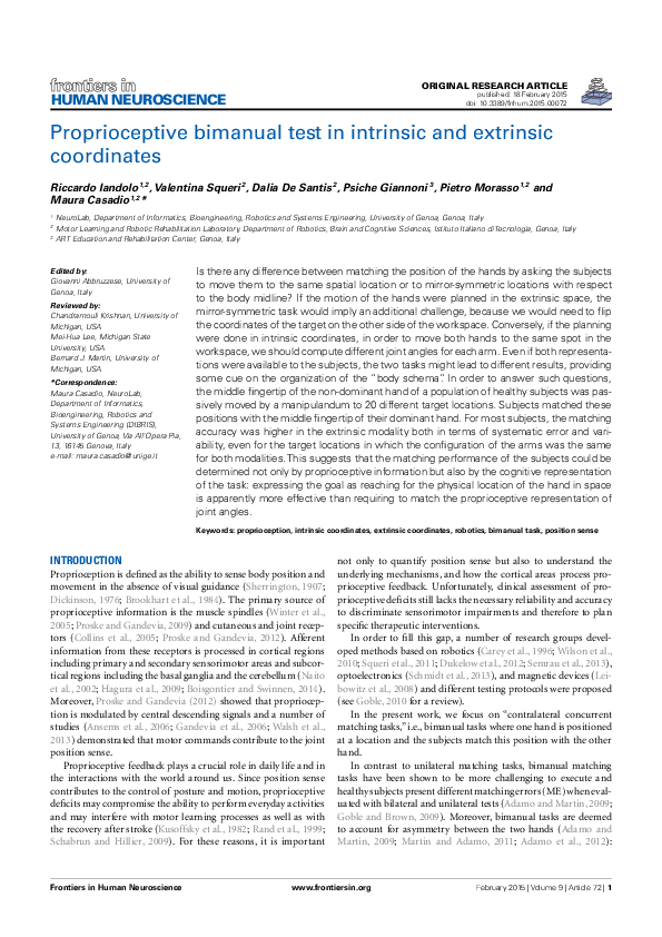 (PDF) Proprioceptive Bimanual Test in Intrinsic and Extrinsic Coordinates