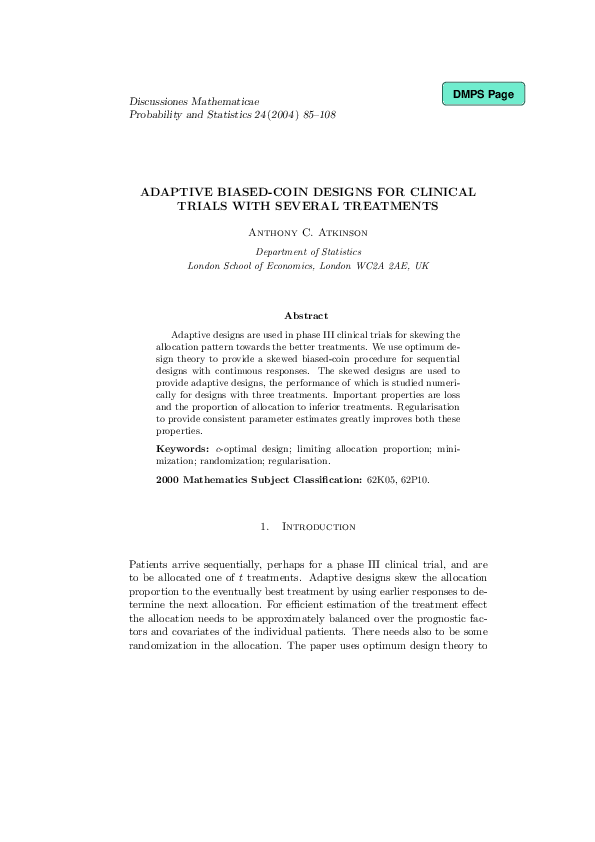 (PDF) Adaptive biased-coin designs for clinical trials with several ...