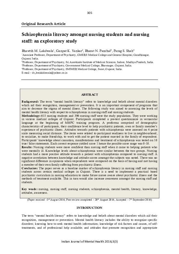 (PDF) Schizophrenia Literacy Amongst Nursing Students And Nursing Staff