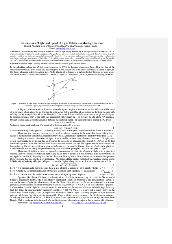 (PDF) Aberration of Light and Speed of Light Relative to Moving Observer