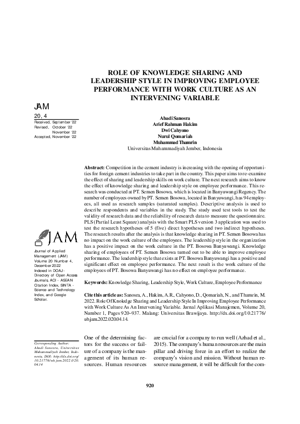 (PDF) Role of Knowledge Sharing and Leadership Style in Improving ...