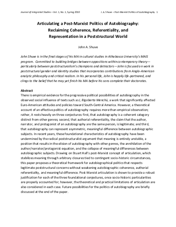 (PDF) Articulating a Post-Marxist Politics of Autobiography: Reclaiming ...