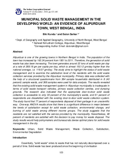 (PDF) MUNICIPAL SOLID WASTE MANAGEMENT IN THE DEVELOPING WORLD: AN ...