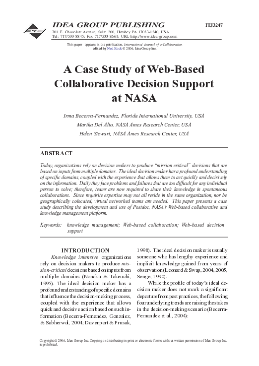 (PDF) A Case Study of Web-Based Collaborative Decision Support at NASA
