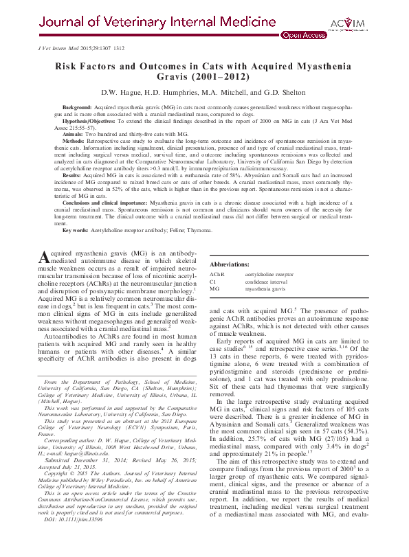 (PDF) Risk Factors and Outcomes in Cats with Acquired Myasthenia Gravis ...