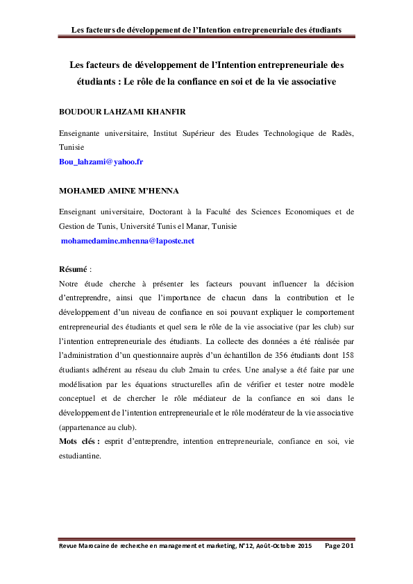 (PDF) Les facteurs de développement de l'Intention entrepreneuriale des ...