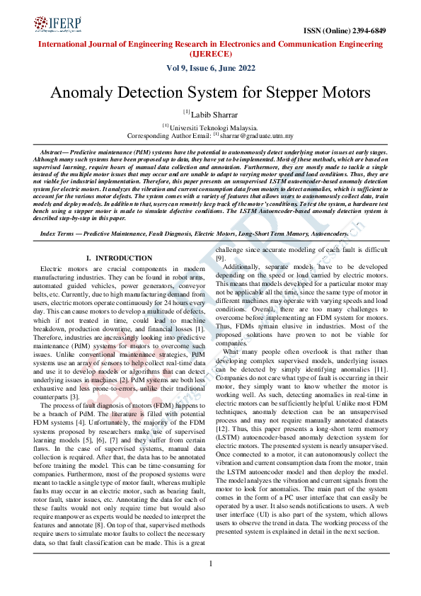 (PDF) Anomaly Detection System for Stepper Motors