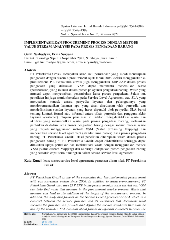 (PDF) Implementasi Lean Procurement Process dengan Metode Value Stream ...