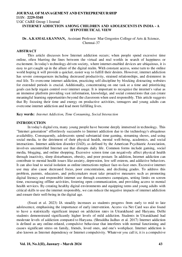 (PDF) INTERNET ADDICTION AMONG CHILDREN AND ADOLESCENTS IN INDIA -A ...