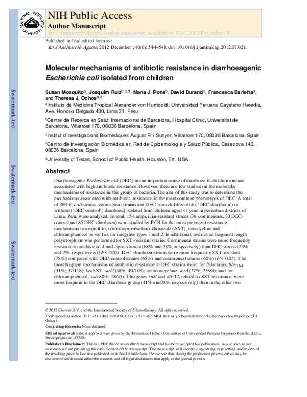 (PDF) Molecular mechanisms of antibiotic resistance in diarrhoeagenic ...
