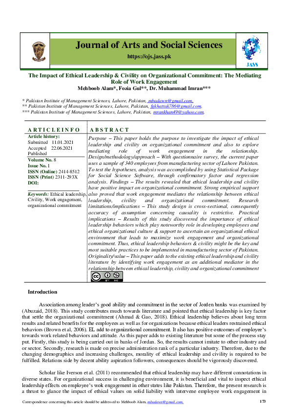 (PDF) The Impact of Ethical Leadership & Civility on Organizational ...