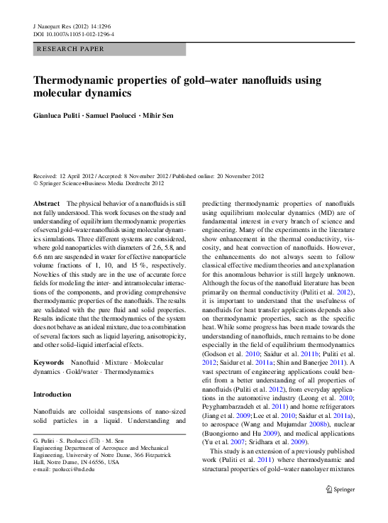 (PDF) Thermodynamic properties of gold–water nanofluids using molecular ...