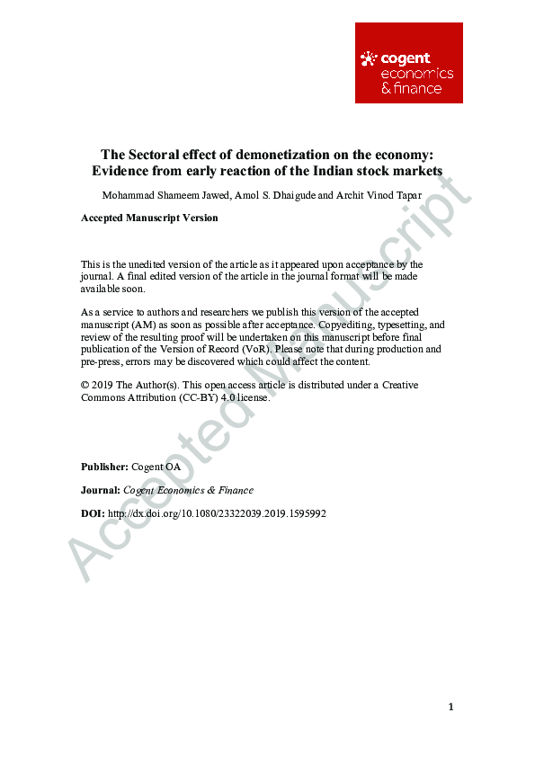 (PDF) The sectoral effect of demonetization on the economy: Evidence ...