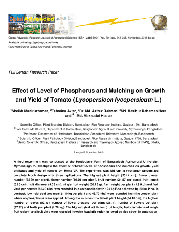 (PDF) Effect of Level of Phosphorus and Mulching on Growth and Yield of ...