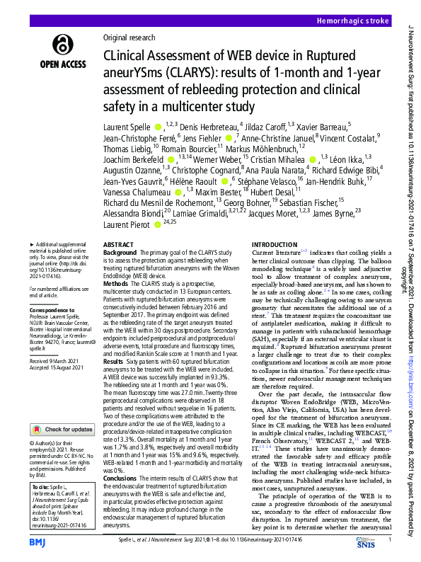 (PDF) CLinical Assessment of WEB device in Ruptured aneurYSms (CLARYS ...
