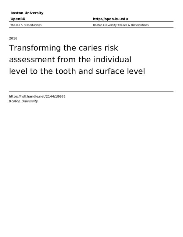 (PDF) Transforming the caries risk assessment from the individual level ...