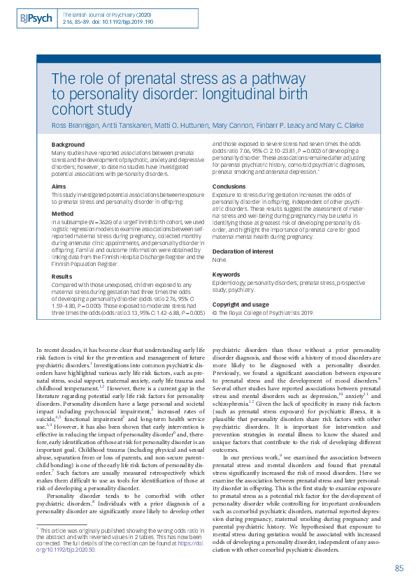 (PDF) The role of prenatal stress as a pathway to personality disorder ...