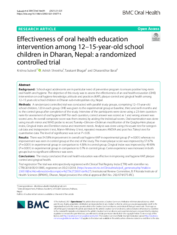 (PDF) Effectiveness of an oral health education intervention among 6-12 ...