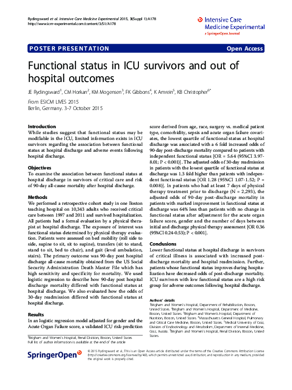 (PDF) Functional status in ICU survivors and out of hospital outcomes
