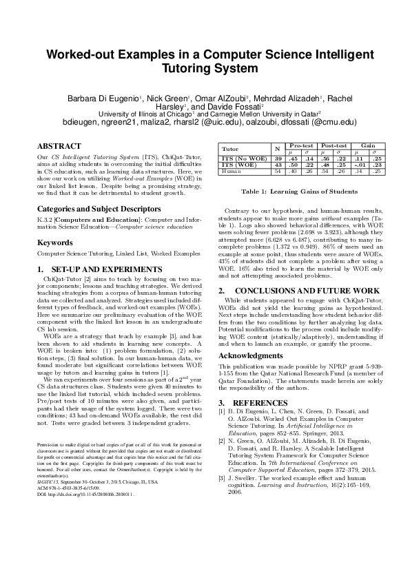 (PDF) Worked-out Examples in a Computer Science Intelligent Tutoring System