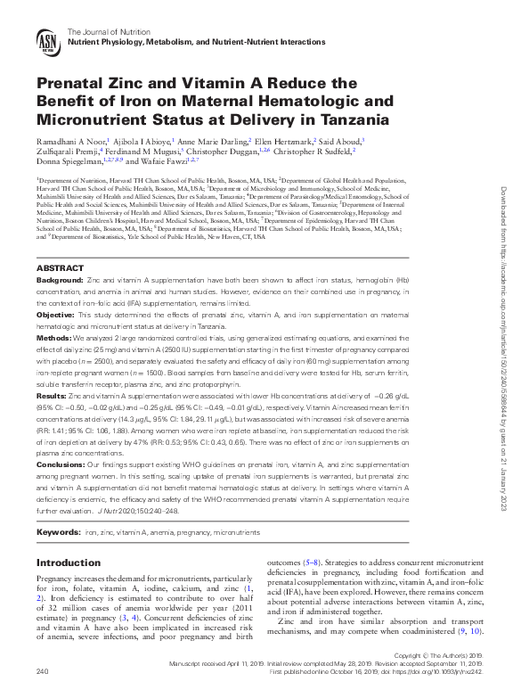 (PDF) Prenatal Zinc and Vitamin A Reduce the Benefit of Iron on ...