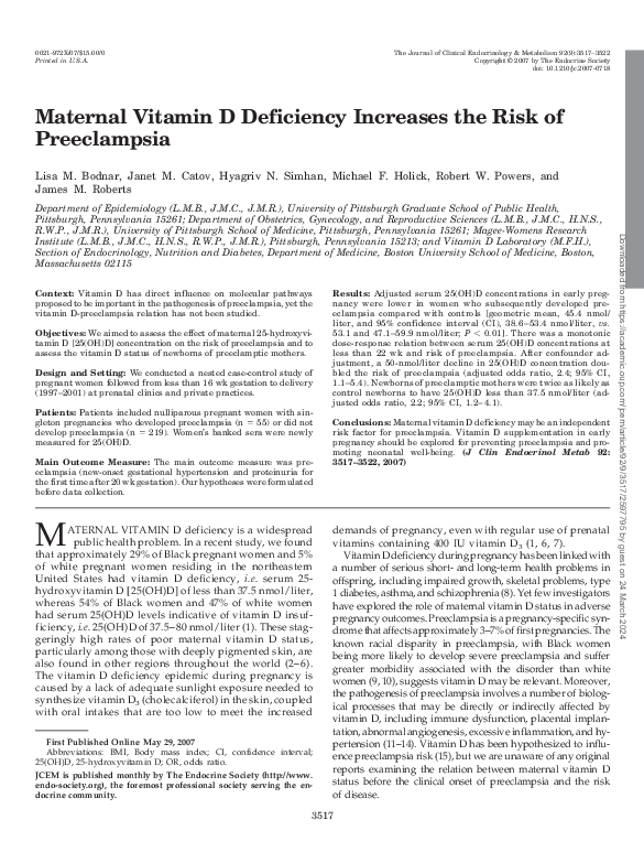 (PDF) Maternal Vitamin D Deficiency Increases the Risk of Preeclampsia