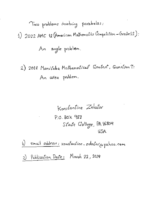 (PDF) Two Problems involving parabolas: 1) 2022 AMC 12(American ...
