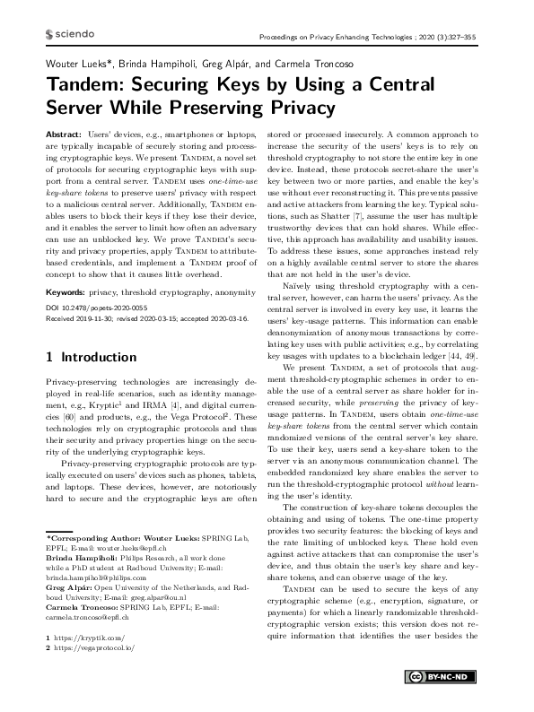 (PDF) Tandem: Securing Keys by Using a Central Server While Preserving ...