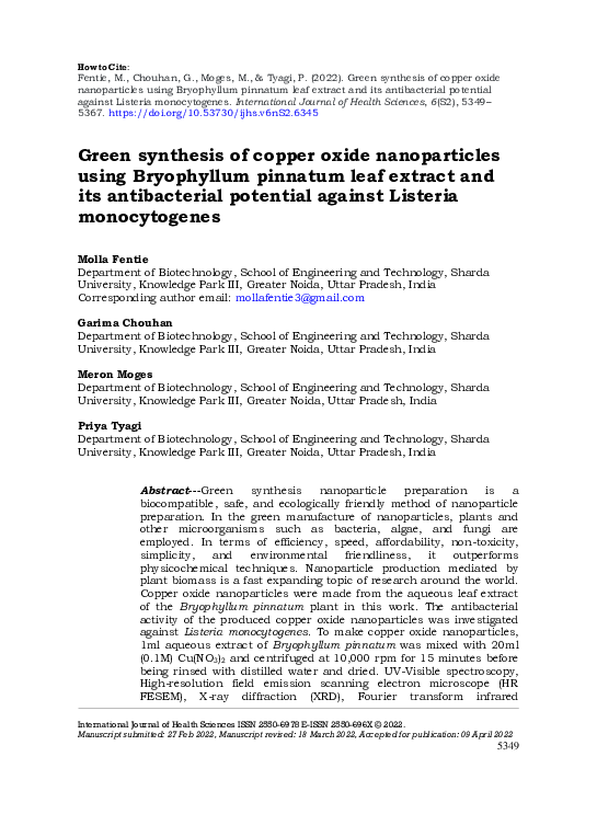 (PDF) Green synthesis of copper oxide nanoparticles using Bryophyllum ...