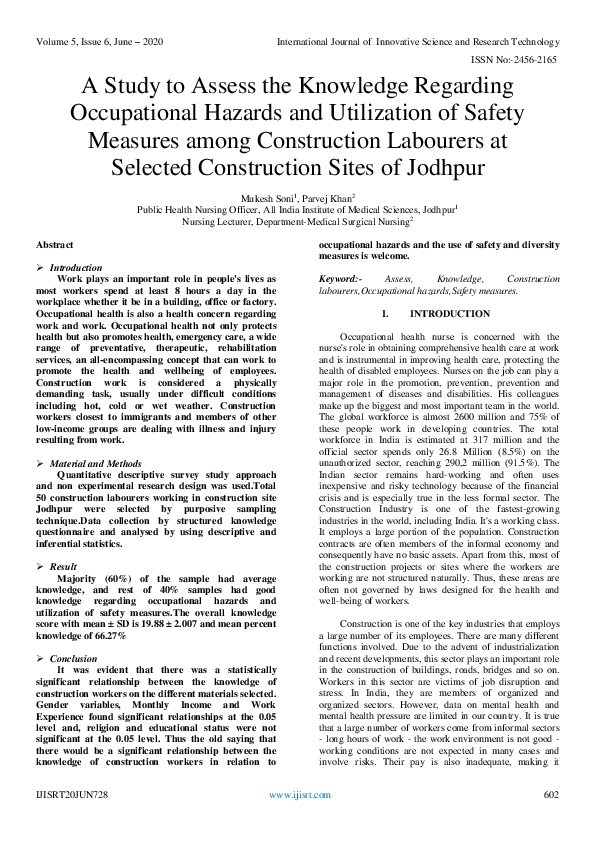 (PDF) A Study to Assess the Knowledge Regarding Occupational Hazards ...