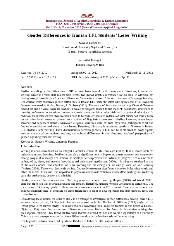 (PDF) Gender Differences in Iranian EFL Students’ Letter Writing
