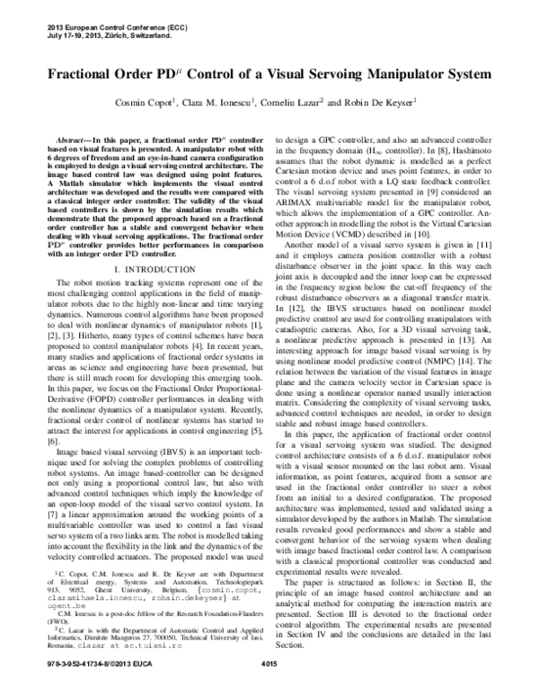 (PDF) Fractional order PD μ control of a visual servoing manipulator system