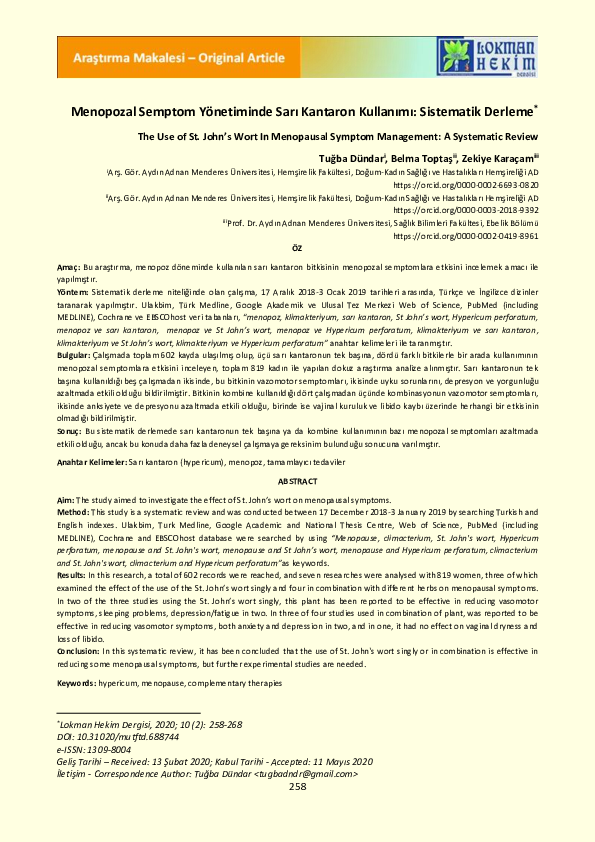 (PDF) Menopozal Semptom Yönetiminde Sarı Kantaron Kullanımı: Sistematik ...