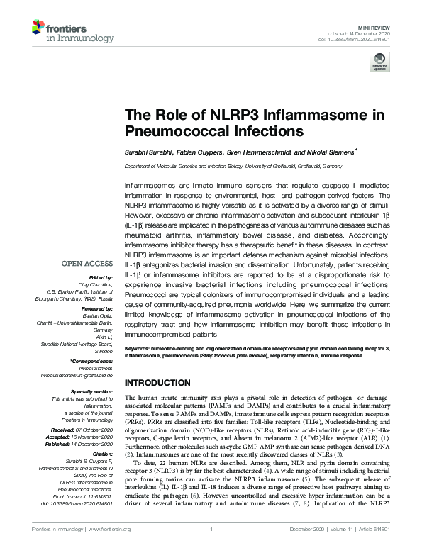 (PDF) The Role of NLRP3 Inflammasome in Pneumococcal Infections