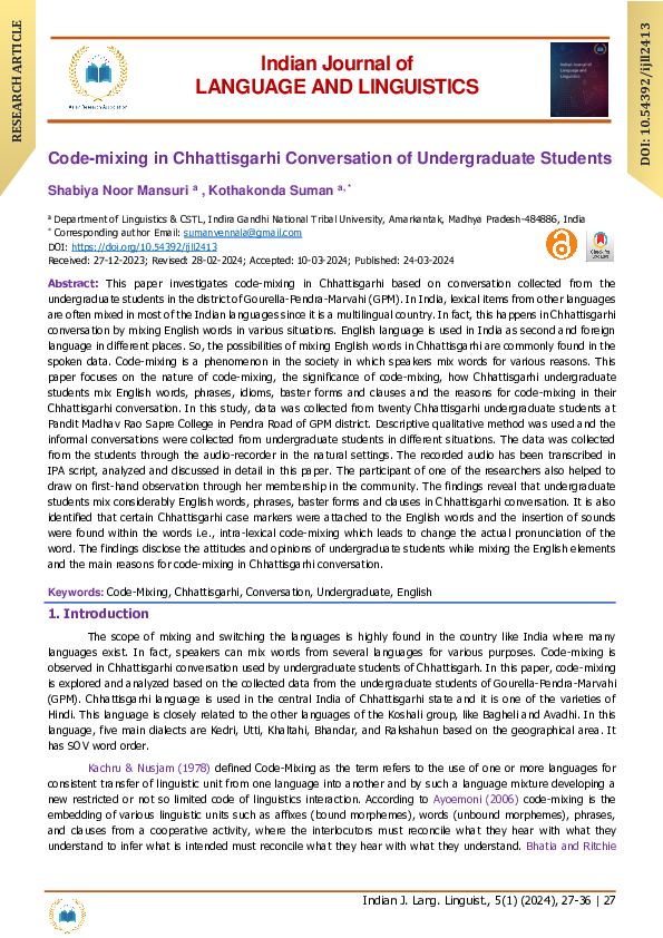 (PDF) Code-mixing in Chhattisgarhi Conversation of Undergraduate Students