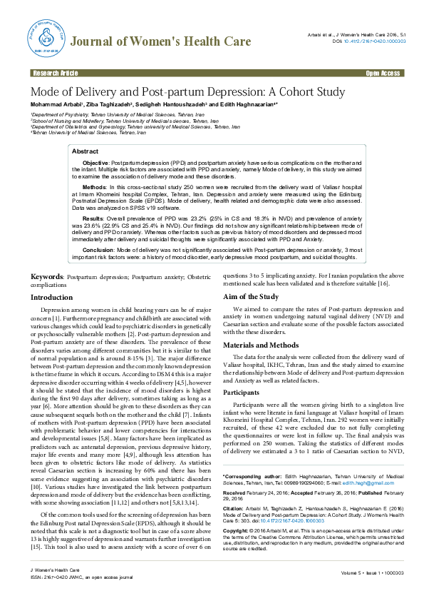 (PDF) Mode of Delivery and Post-partum Depression: A Cohort Study