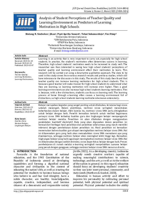 (PDF) Analysis of Student Perceptions of Teacher Quality and Learning ...