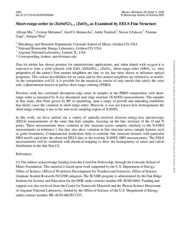 (PDF) Shortrangeorder in (ZnSnN2)1x (ZnO)2x as Examined by EELS Fine