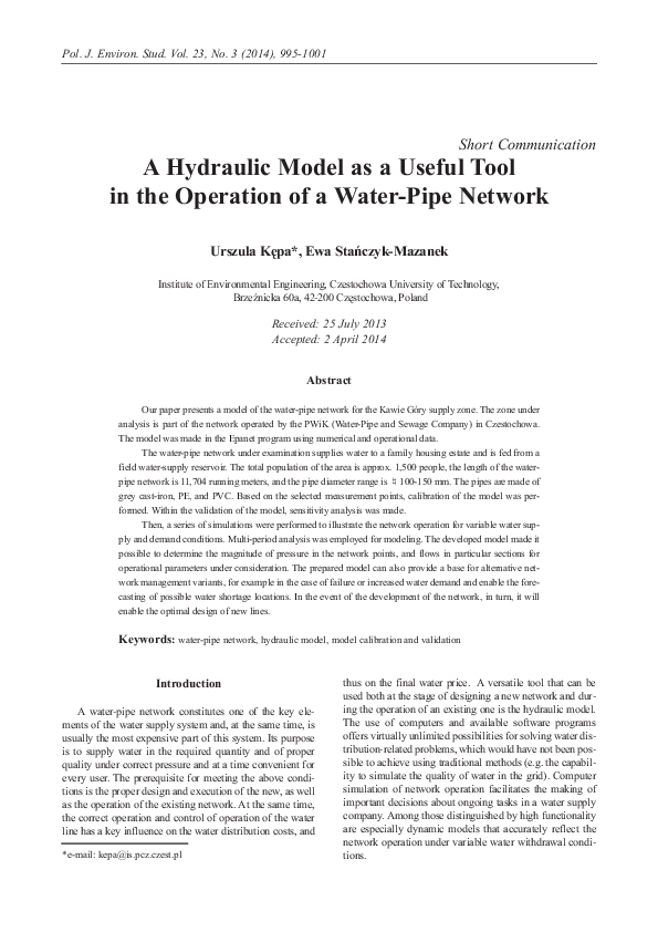 (PDF) A Hydraulic Model as a Useful Tool in the Operation of a Water ...