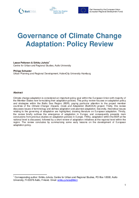 (PDF) Governance of Climate Change Adaptation: Policy Review
