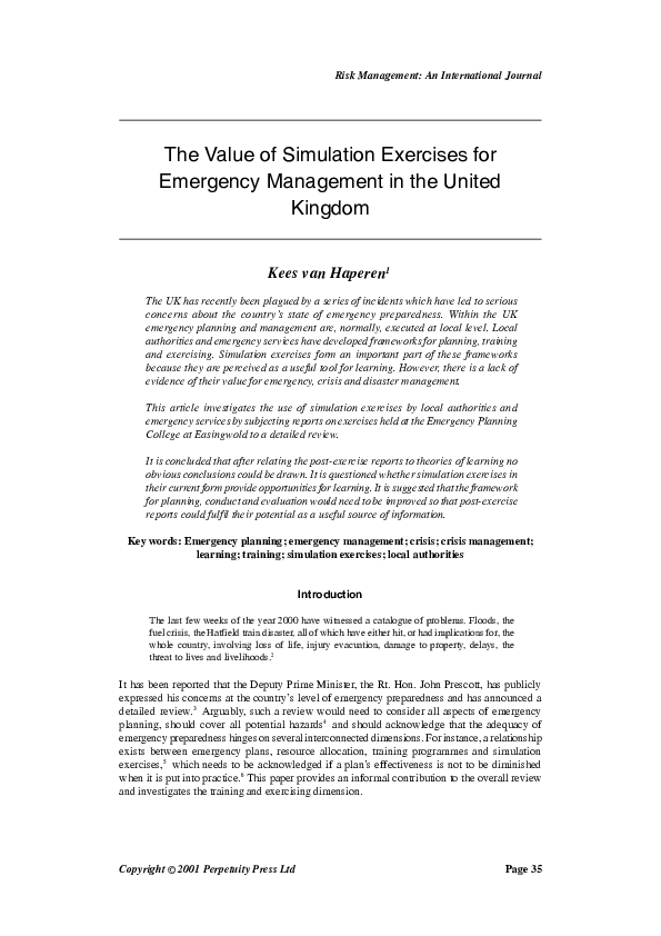 (PDF) The Value of Simulation Exercises for Emergency Management in the ...